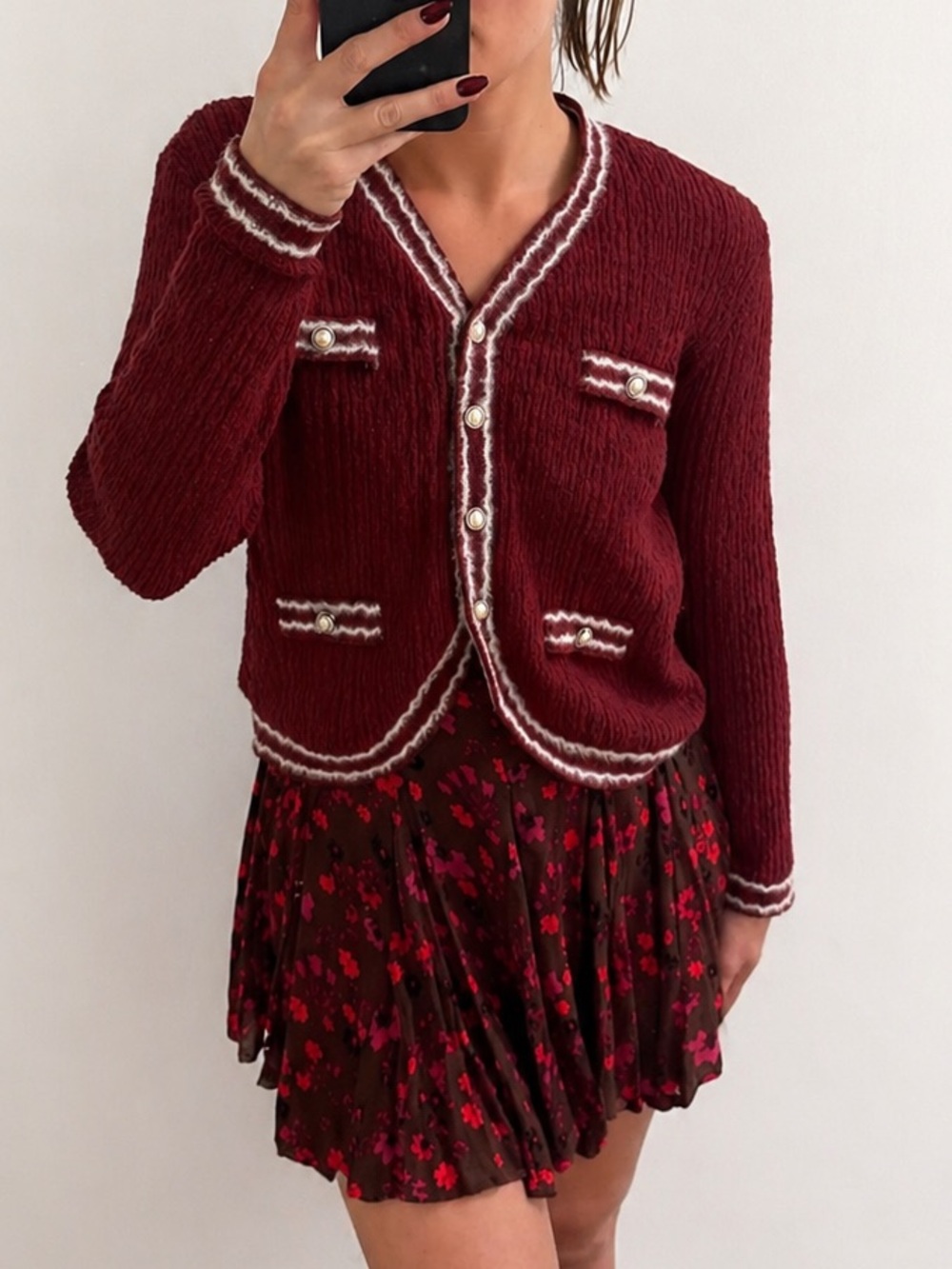 Women's Burgundy Textured Knit Cardigan with Trim